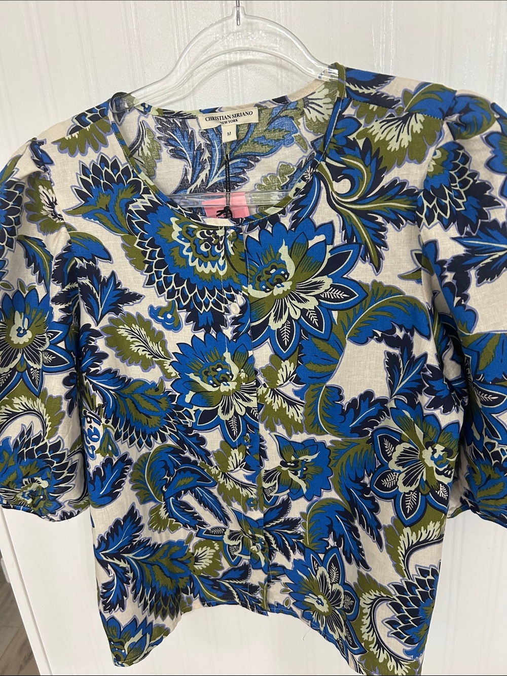 Christian Siriano Blue and Olive Floral Button-Front Blouse